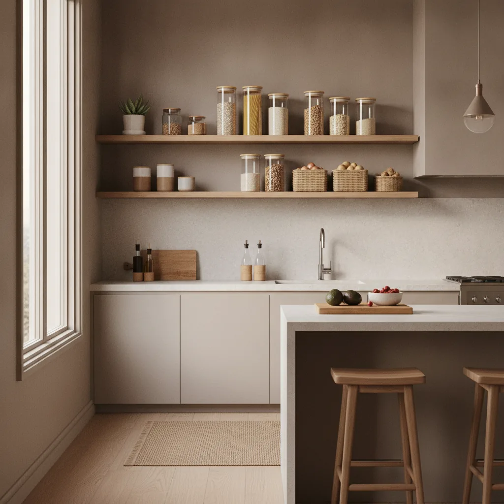 calm lifestyle scene, modern kitchen with stylish sustainable